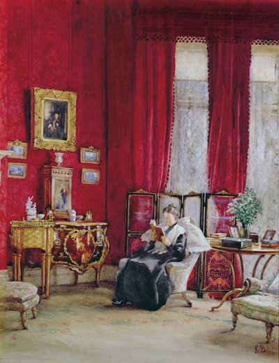Een Victoriaans interieur met een lezende dame door English School